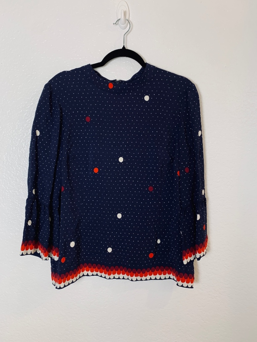 Boden Armelle Polka Dot Top Blouse Womens US 14 Bell Sleeves Blue White Red